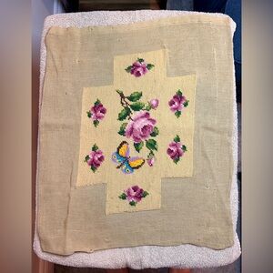 Vtg Finished Needlepoint Tapestry Pillow Cover Wool Canvas Butterfly Roses